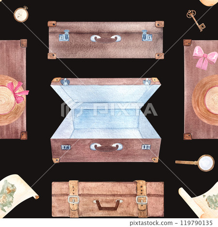 Suitcases, parchment with Australia map, sun hat, magnifying glass watercolor seamless pattern on black background. Hand drawn for stationary, souvenir decor design, wrapping paper. Vintage clip art 119790135