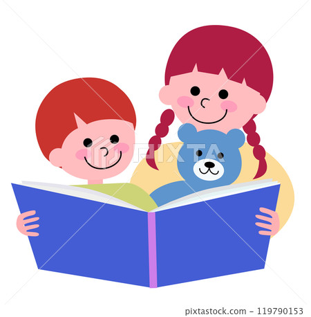 妹妹、弟弟和泰迪熊一起讀繪本的插圖 119790153