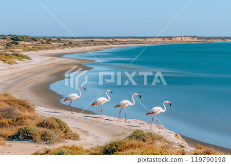 Flamingos Walking by Blue Lagoon on Sunny Day Flamingos Walking by Blue Lagoon on Sunny Day 119790198