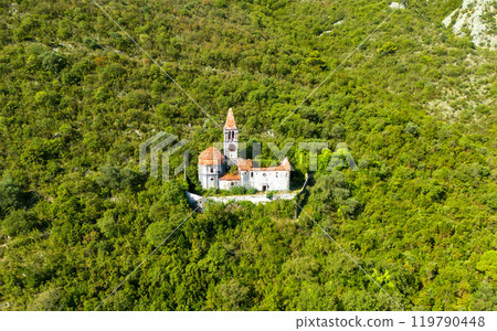 Secluded Ancient Monastery Hidden in a Dense Green Forest Landscape 119790448