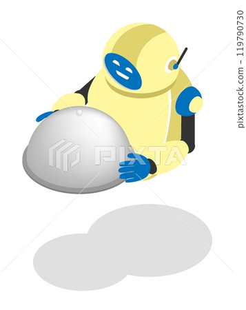 Robot courier delivery brought order of ready meal to address. Technologies of future. Isolated vector on white background Robot courier delivery brought order of ready meal to address. Technologies of future. Isolated vector on white background 119790730
