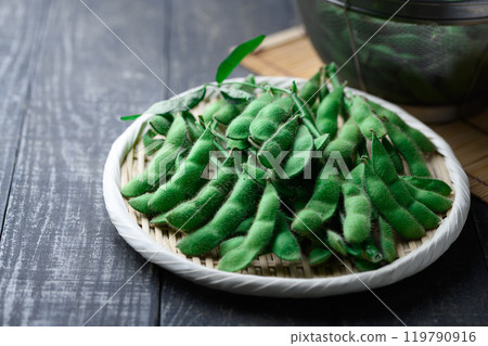 Edamame beans on a basket (black background) Edamame beans on a basket (black background) 119790916