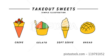 外帶糖果插圖集圖標縐紗、軟服務、瓜麵包、冰淇淋 119791052
