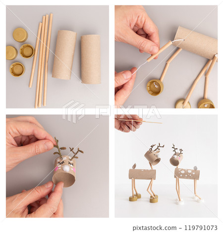 Step-by-step tutorial collage for DIY reindeer puppets made from cardboard tubes, recycled toilet paper rolls, and bottle caps. Christmas holiday project concept. Educational guide design 119791073