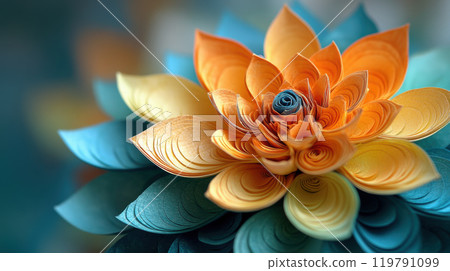 vibrant paper flower with orange and yellow petals, showcasing intricate quilling techniques and beautiful design. This artwork adds touch of elegance and creativity to any space 119791099