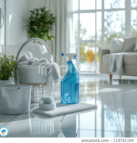 bright modern home with spotless shiny floor, featuring cleaning supplies and fresh towels, creating serene and inviting atmosphere bright modern home with spotless shiny floor, featuring cleaning supplies and fresh towels, creating serene and inviting atmosphere 119791104