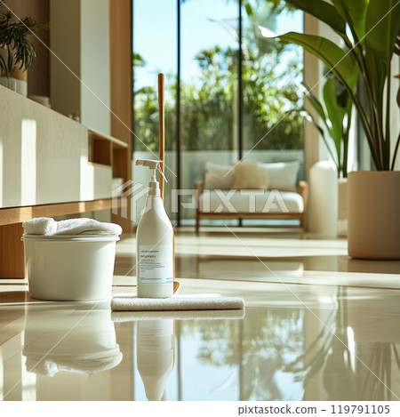 bright modern home with spotless shiny floor, featuring cleaning spray, mop, and bucket, creating fresh and inviting atmosphere bright modern home with spotless shiny floor, featuring cleaning spray, mop, and bucket, creating fresh and inviting atmosphere 119791105