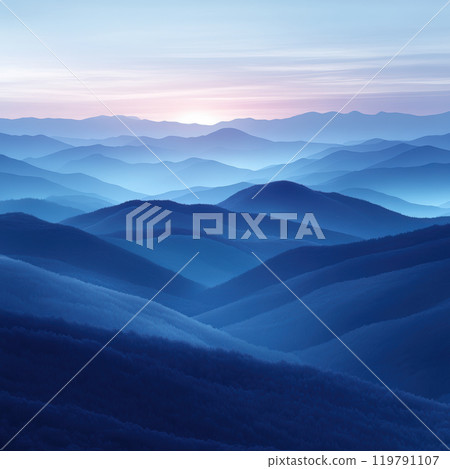 serene landscape featuring layered blue mountains at dawn, creating calming atmosphere. soft gradients and mist enhance tranquil beauty of nature serene landscape featuring layered blue mountains at dawn, creating calming atmosphere. soft gradients and mist enhance tranquil beauty of nature 119791107
