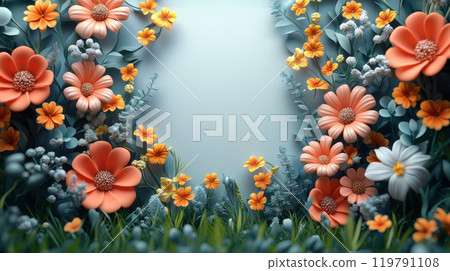 vibrant floral arrangement featuring orange and white flowers, lush greenery, and soft blue background creates cheerful and inviting atmosphere. Perfect for spring themes vibrant floral arrangement featuring orange and white flowers, lush greenery, and soft blue background creates cheerful and inviting atmosphere. Perfect for spring themes 119791108