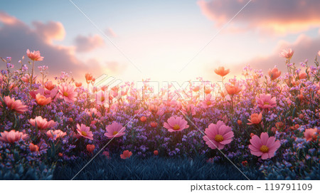 vibrant field of pink and purple flowers under sunset sky, creating serene and picturesque landscape. scene evokes feelings of tranquility and beauty vibrant field of pink and purple flowers under sunset sky, creating serene and picturesque landscape. scene evokes feelings of tranquility and beauty 119791109