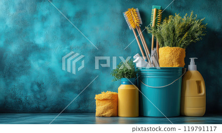 vibrant cleaning setup featuring blue bucket filled with cleaning supplies, brushes, and towels, creating organized and fresh atmosphere vibrant cleaning setup featuring blue bucket filled with cleaning supplies, brushes, and towels, creating organized and fresh atmosphere 119791117
