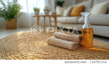 cozy living room featuring spray bottle, towels, and textured rug. warm ambiance invites relaxation and cleanliness cozy living room featuring spray bottle, towels, and textured rug. warm ambiance invites relaxation and cleanliness 119791158