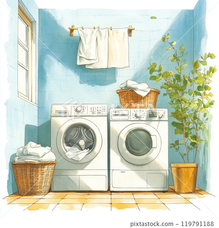 bright and inviting laundry room featuring washing machine and dryer, surrounded by baskets of clean laundry and potted plant, creating cozy atmosphere 119791188