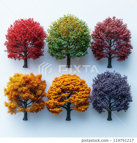 Vibrant trees in various colors showcase beauty...-插圖素材 [119791217 ...