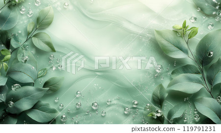 Elegant green background with leaves and bubbles, creating serene atmosphere. Perfect for nature themed designs or wellness concepts Elegant green background with leaves and bubbles, creating serene atmosphere. Perfect for nature themed designs or wellness concepts 119791231