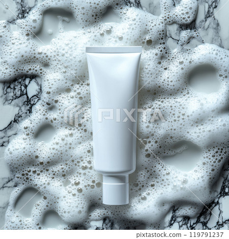 clean white tube of cleanser surrounded by bubbles on marble surface, creating fresh and inviting atmosphere clean white tube of cleanser surrounded by bubbles on marble surface, creating fresh and inviting atmosphere 119791237
