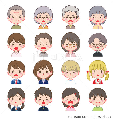 Men and women of various ages, face icon set, negative facial expressions 119791295