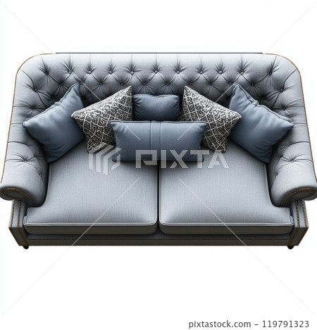 Luxurious grey sofa with tufted design and decorative pillows, perfect for modern living spaces 119791323