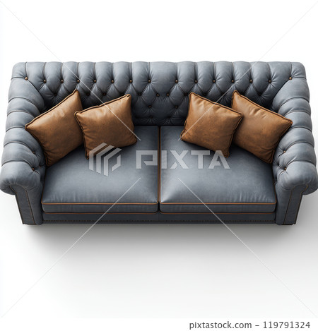 Luxurious grey sofa with tufted design and brown cushions, perfect for modern living spaces. This elegant piece adds comfort and style to any room 119791324