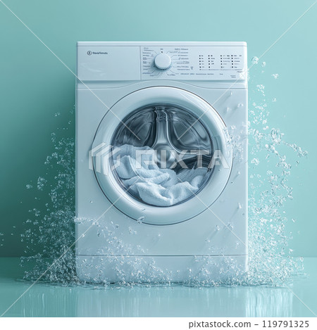 modern washing machine with water splashing and linen inside, set against mint green background, creates refreshing and clean atmosphere 119791325