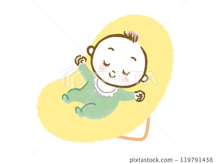 Hand drawn illustration of a baby sleeping in a bouncer 119791438