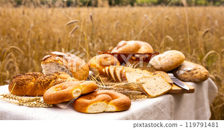 Lot of different flavored bread, wheat, rye, on the table in the field outside 119791481