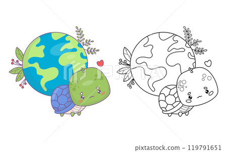 Cute turtle with planet Earth. Concept ecology, conservation, protection of respect nature. Isolated colored and outline cartoon animal character. Coloring book. Vector illustration. Kids collection 119791651