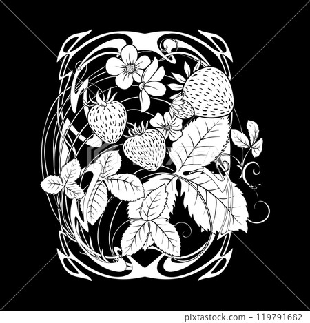 Strawberry. Branch with berries, leaves and flowers Strawberry. Branch with berries, leaves and flowers 119791682