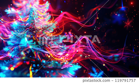 Abstract art background design for Christmas and New Year celebration events in vibrant neon light trails. Glowing rainbow flow style. AI generated. 119791757