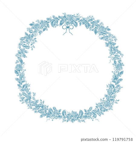 Beautiful vector floral frame clipart in toile de jouy line art style. Hand drawn flower composition illustration. Vintage retro floral wreath. 119791758