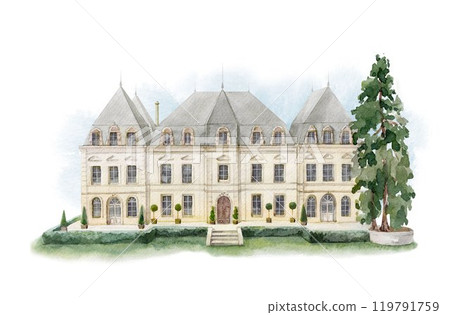 White castle watercolor illustration. Old historic palace with tree clip art. 119791759