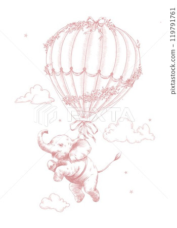 Cute baby elephant flying in a hot air balloon hand drawn illustration in toile de jouy retro style. Vintage line art clipart. Girl version. 119791761