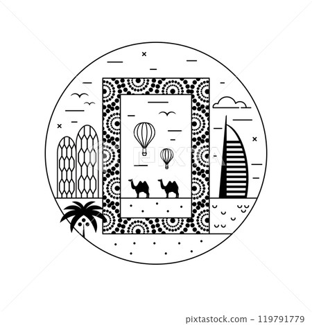 Travel Dubai Circle Icon in Line Art Travel Dubai Circle Icon in Line Art 119791779