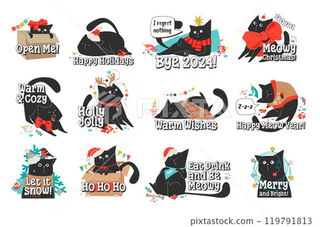 meowing christmas black cat sticker character set 119791813