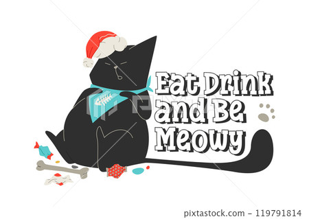 overfed black cat in santa hat and bib 119791814