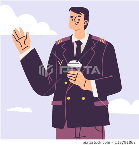 Pilot Man Character in Uniform with Tie Drink Coffee Vector Illustration 119791862