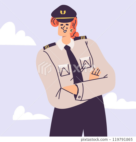 Pilot Redhead Woman Character in Uniform with Tie and Cap Vector Illustration Pilot Redhead Woman Character in Uniform with Tie and Cap Vector Illustration 119791865