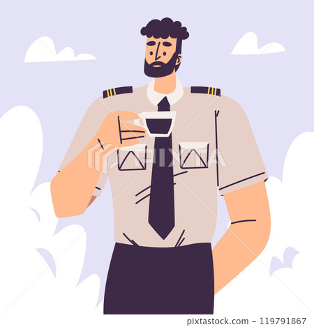 Pilot Bearded Man Character in Uniform with Tie Drink Coffee Vector Illustration Pilot Bearded Man Character in Uniform with Tie Drink Coffee Vector Illustration 119791867