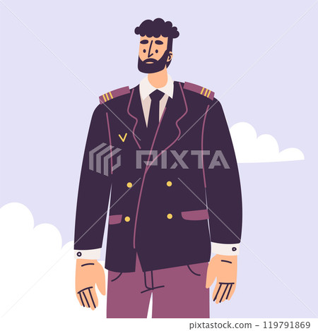 Pilot Bearded Man Character in Uniform with Tie Vector Illustration Pilot Bearded Man Character in Uniform with Tie Vector Illustration 119791869
