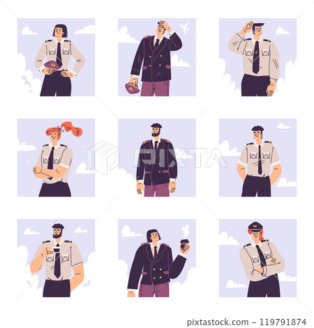 Pilot Man and Woman Character in Uniform with Tie Vector Set Pilot Man and Woman Character in Uniform with Tie Vector Set 119791874