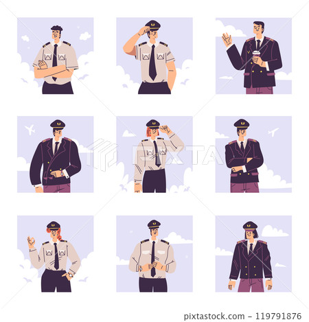 Pilot Man and Woman Character in Uniform with Tie Vector Set 119791876