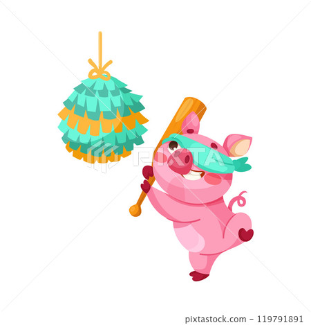 Pink Piglet Character Beat Pinata Toy with Bat Vector Illustration 119791891