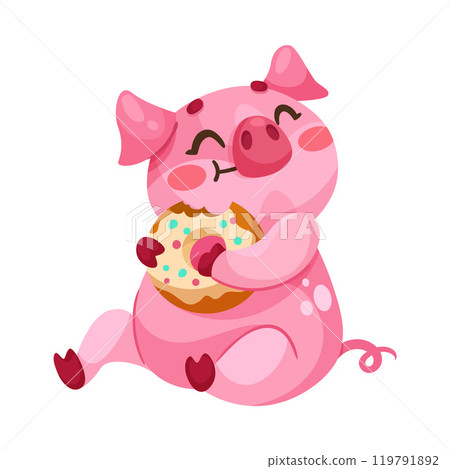 Pink Piglet Character Sit and Eat Donut Vector Illustration 119791892