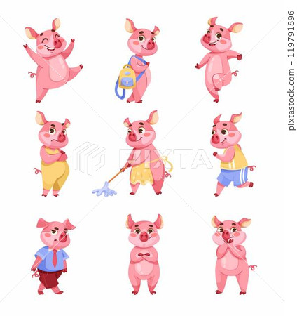 Pink Piglet Character in Different Situation Vector Set 119791896