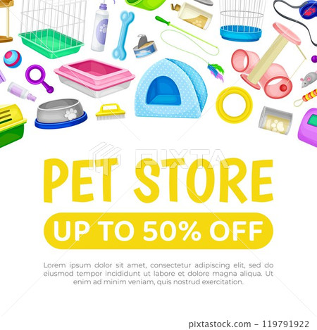 Pet Shop Banner Design with Accessory Vector Template 119791922