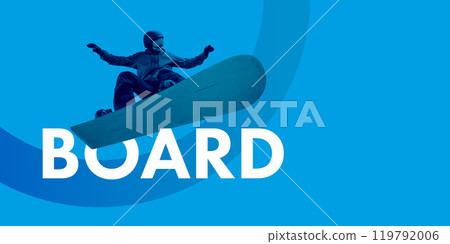 Focused man in full gear, helmet and goggles snowboarding against blue background, Winter extreme sports. Creative colorful collage. Focused man in full gear, helmet and goggles snowboarding against blue background, Winter extreme sports. Creative colorful collage. 119792006