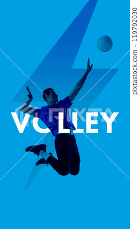 Focused man, volleyball player in a jump, hitting ball with power and precision, set on blue background with abstract element. Creative colorful collage. Focused man, volleyball player in a jump, hitting ball with power and precision, set on blue background with abstract element. Creative colorful collage. 119792030