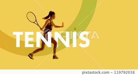 Young sportive woman, tennis player in motion with racket, training on yellow background with abstract elements. Creative colorful collage. Young sportive woman, tennis player in motion with racket, training on yellow background with abstract elements. Creative colorful collage. 119792038