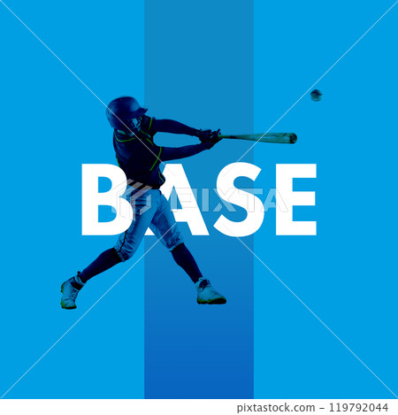 Focused man in uniform and helmet, baseball player in motion, hitting ball with bat on bold blue background. Creative colorful collage. 119792044