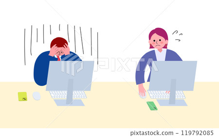 An illustration of a man in a suit holding his head in an office and a woman in a suit looking impatient An illustration of a man in a suit holding his head in an office and a woman in a suit looking impatient 119792085